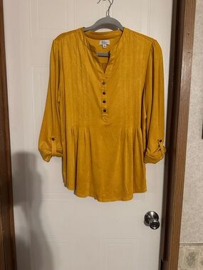 Kim Rogers Mustard Button-Front Pintuck Blouse
